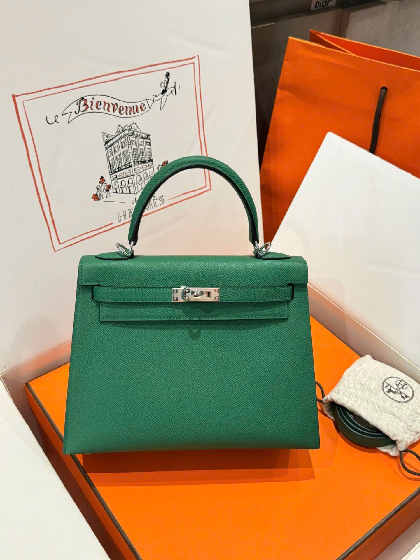 Hermes Kelly Like Auth Women’s Handbag Green White Lock 25cm