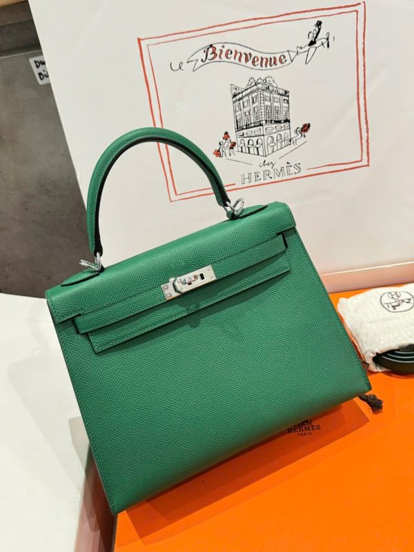 Hermes Kelly Like Auth Women’s Handbag Green White Lock 25cm - Image 3