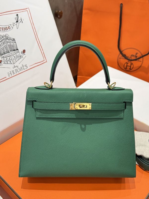 Hermes Kelly Replica Women’s Handbag Green Gold Lock 25cm - Image 3