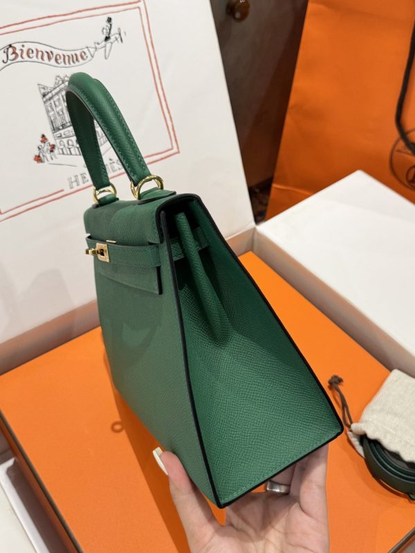 Hermes Kelly Replica Women’s Handbag Green Gold Lock 25cm - Image 6