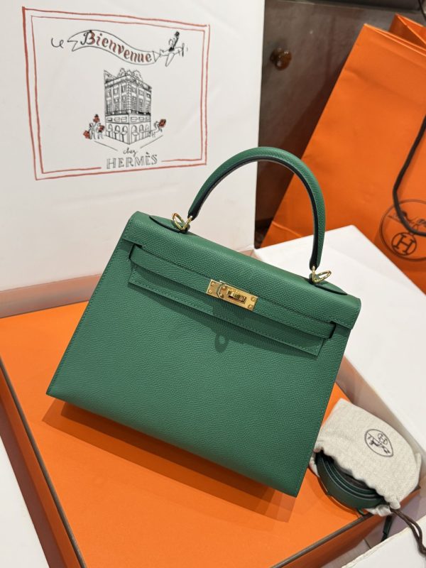 Hermes Kelly Replica Women’s Handbag Green Gold Lock 25cm - Image 2