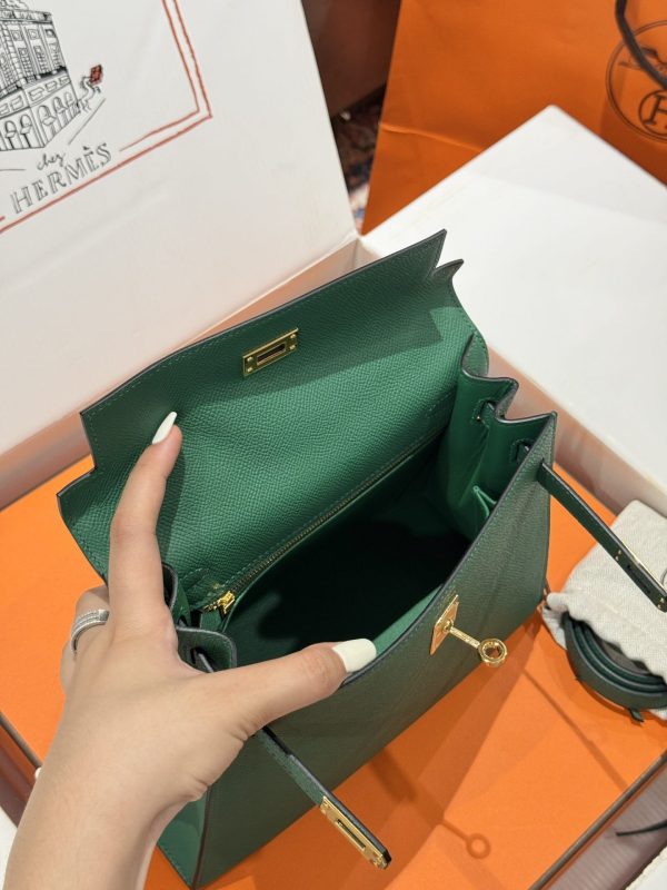 Hermes Kelly Replica Women’s Handbag Green Gold Lock 25cm - Image 5