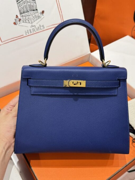 Hermes Kelly Handbag For Women Like Auth Charcoal Blue Gold Lock 25cm - Image 3