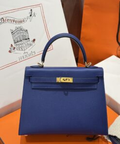 Hermes Kelly Handbag For Women Like Auth Charcoal Blue Gold Lock 25cm