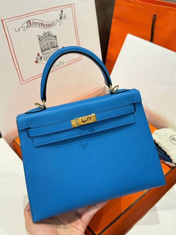 Hermes Kelly Women’s Handbag Blue Gold Lock Like Auth 25cm - Image 3