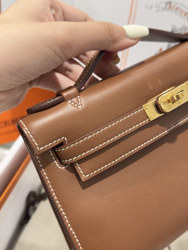 Hermes Kelly Pochette Like Auth Women’s Handbag Brown 20x16x10cm - Image 4