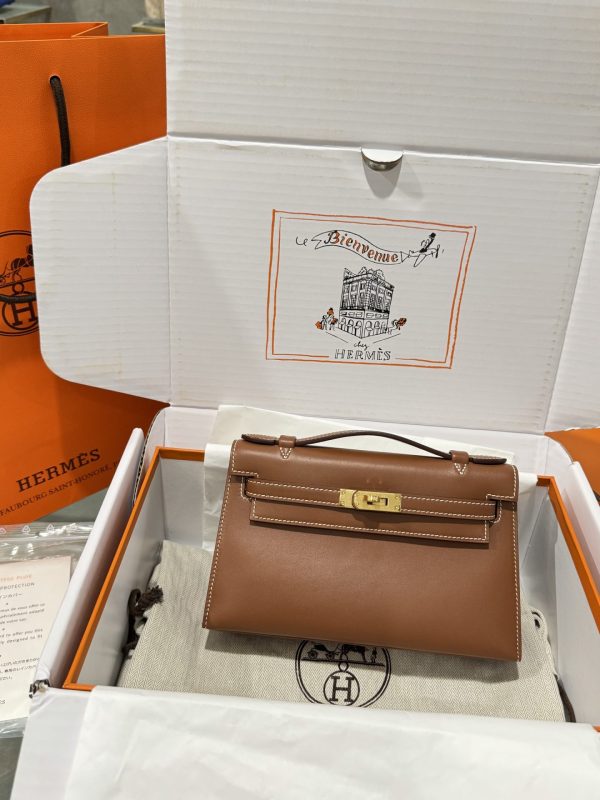 Hermes Kelly Pochette Like Auth Women’s Handbag Brown 20x16x10cm - Image 3