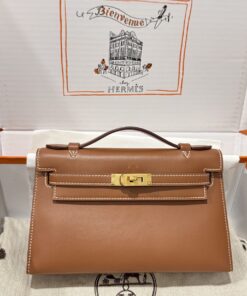 Hermes Kelly Pochette Like Auth Women’s Handbag Brown 20x16x10cm