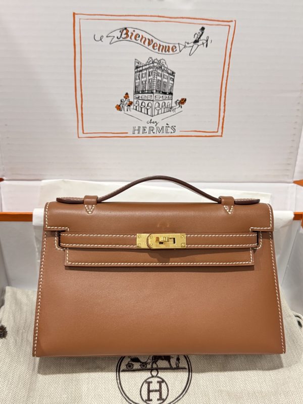 Hermes Kelly Pochette Like Auth Women’s Handbag Brown 20x16x10cm - Image 2