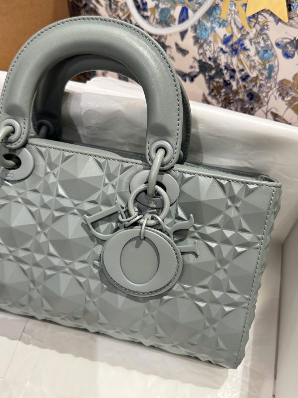 Like Auth Dior D-Joy Women’s Handbag Diamond Pattern Gray 26cm - Image 4