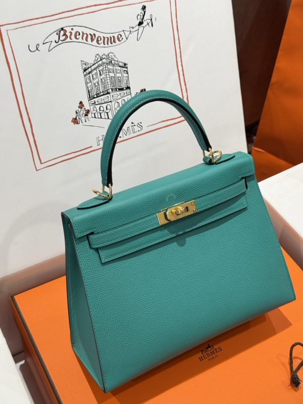 Hermes Kelly Replica Handbag Blue Gold Lock 25cm - Image 3