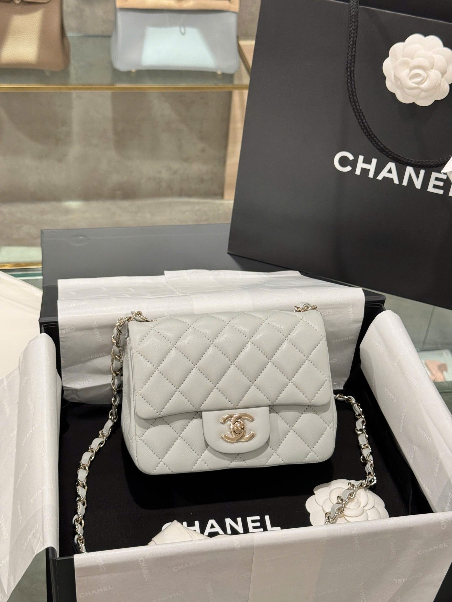 Chanel Classic Mini Super Quality Women’s Handbag Gray Rose Gold Lock 17cm