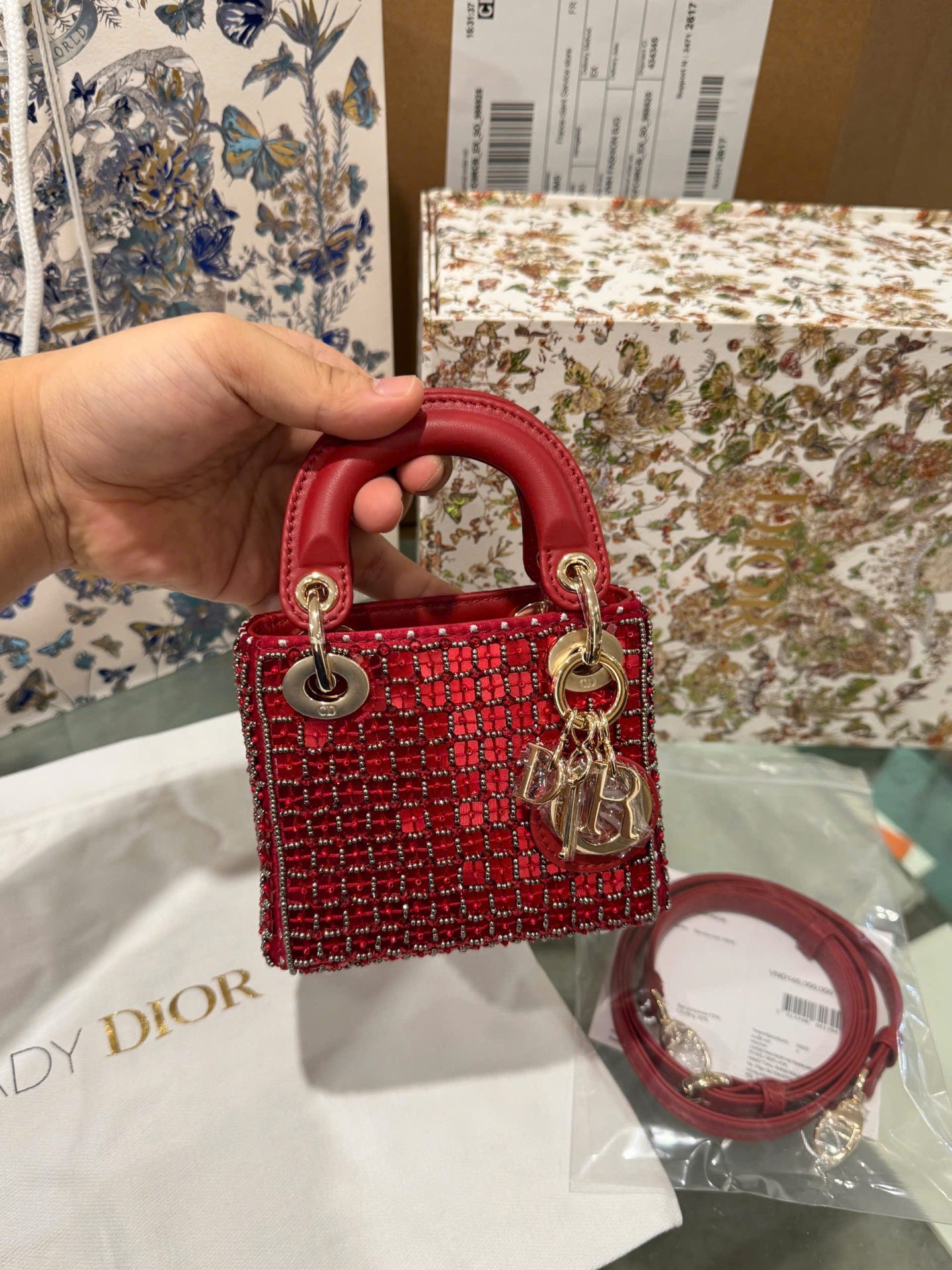 Dior Micro Lady Red Beaded Super Quality Handbag 12cm