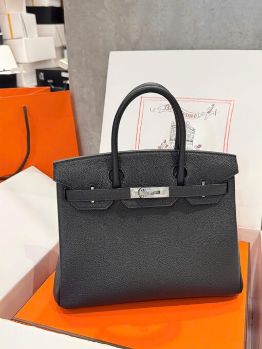 Hermes Birkin Like Auth Women’s Handbag Black White Lock 30cm