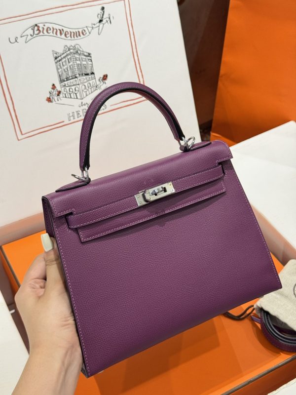 Hermes Kelly Like Auth Purple Women’s Handbag Silver Lock 25cm - Image 3