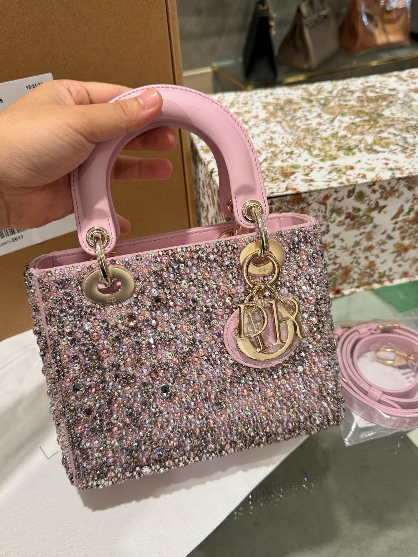 Like Auth Dior Lady Pink Beaded Women’s Handbag 20cm