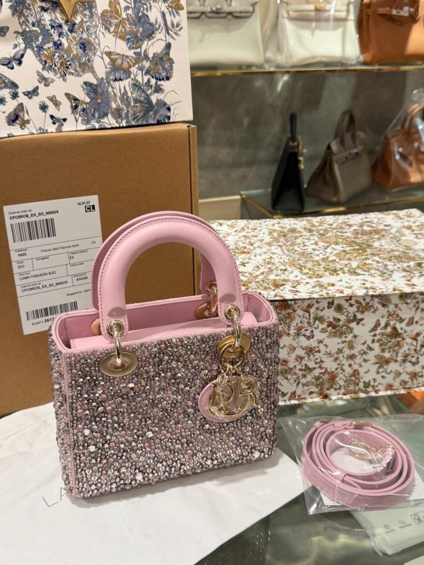 Like Auth Dior Lady Pink Beaded Women’s Handbag 20cm - Image 3