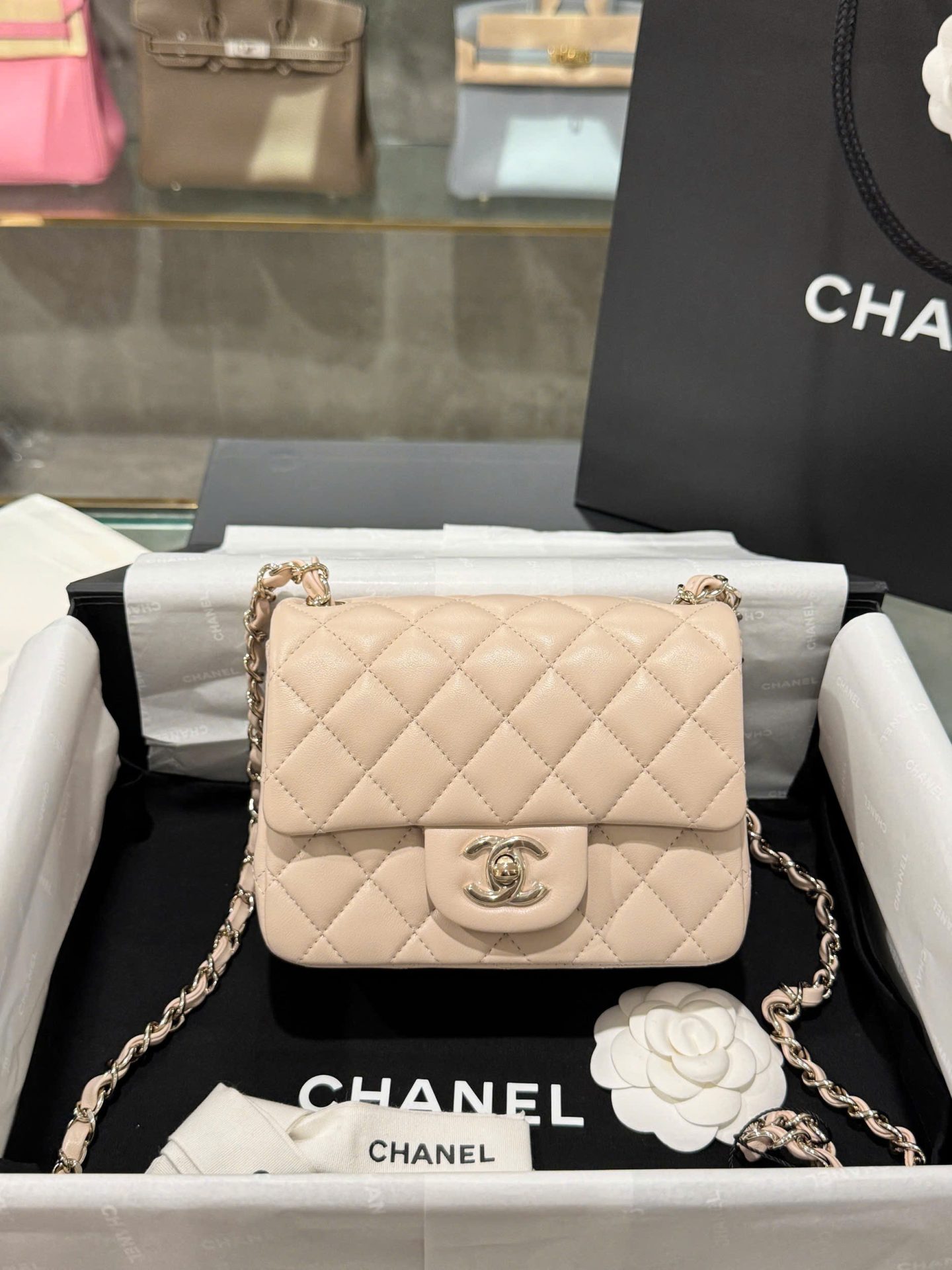 Chanel Classic Mini Beige Super High Quality Women’s Handbag with Gold Lock 17cm