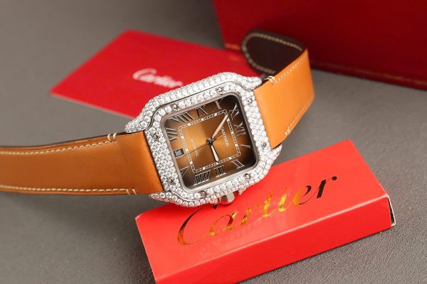 Cartier Santos Dial Brown Replica Watches Custom Diamonds Moissanite BV Factory 39.8mm - Image 5
