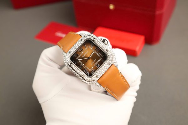 Cartier Santos Dial Brown Replica Watches Custom Diamonds Moissanite BV Factory 39.8mm - Image 4