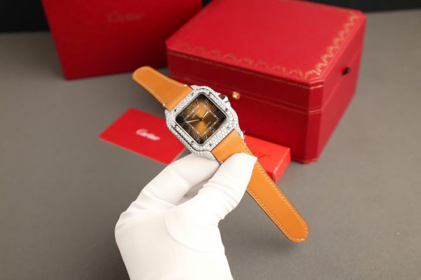 Cartier Santos Dial Brown Replica Watches Custom Diamonds Moissanite BV Factory 39.8mm - Image 3