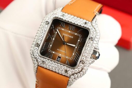 Cartier Santos Dial Brown Replica Watches Custom Diamonds Moissanite BV Factory 39.8mm - Image 6