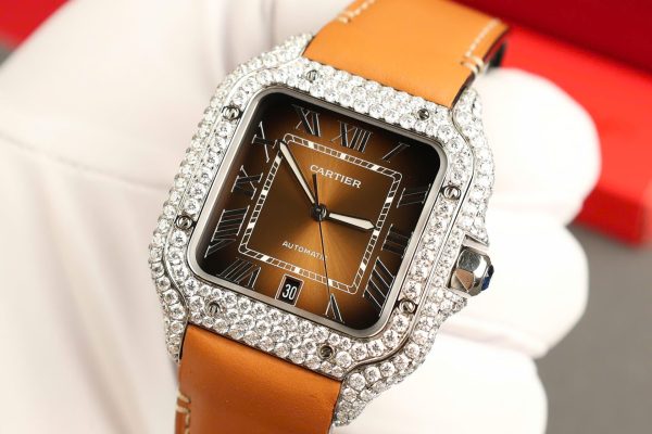 Cartier Santos Dial Brown Replica Watches Custom Diamonds Moissanite BV Factory 39.8mm - Image 6