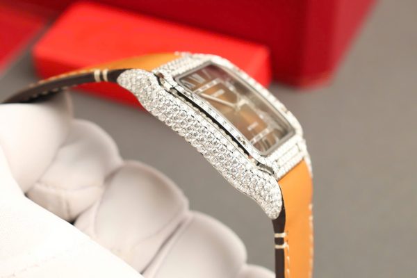 Cartier Santos Dial Brown Replica Watches Custom Diamonds Moissanite BV Factory 39.8mm - Image 9