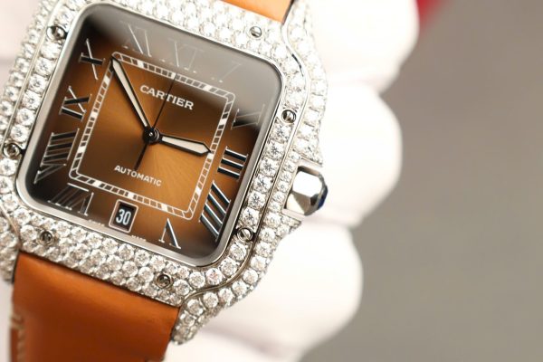 Cartier Santos Dial Brown Replica Watches Custom Diamonds Moissanite BV Factory 39.8mm - Image 8