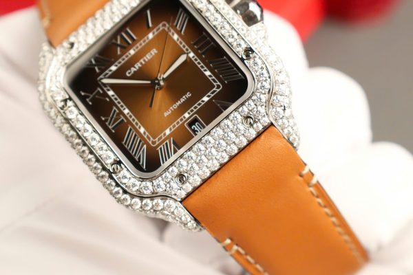 Cartier Santos Dial Brown Replica Watches Custom Diamonds Moissanite BV Factory 39.8mm - Image 7