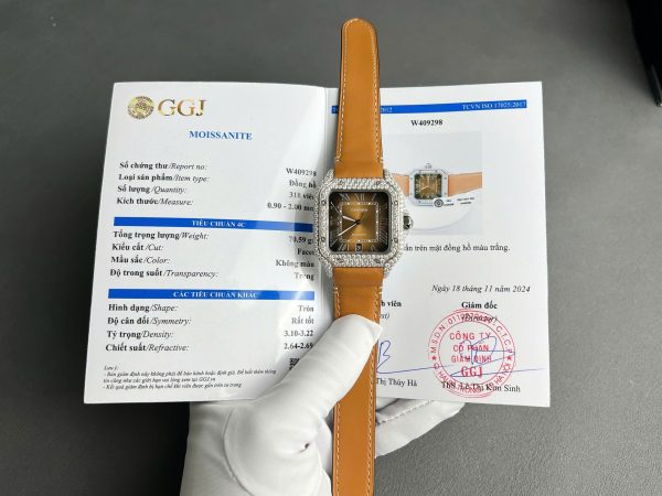 Cartier Santos Dial Brown Replica Watches Custom Diamonds Moissanite BV Factory 39.8mm - Image 2