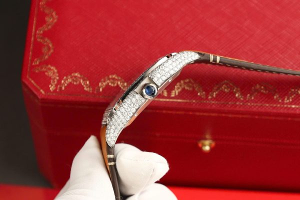 Cartier Santos White Dial Replica Watch Custom Diamonds Moissanite BV Factory 39.8mm - Image 10