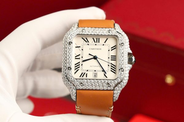 Cartier Santos White Dial Replica Watch Custom Diamonds Moissanite BV Factory 39.8mm - Image 4
