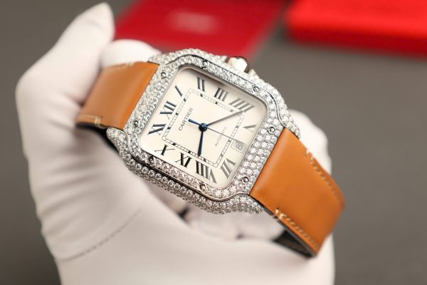 Cartier Santos White Dial Replica Watch Custom Diamonds Moissanite BV Factory 39.8mm - Image 5