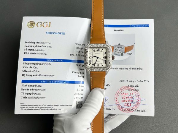 Cartier Santos White Dial Replica Watch Custom Diamonds Moissanite BV Factory 39.8mm - Image 2