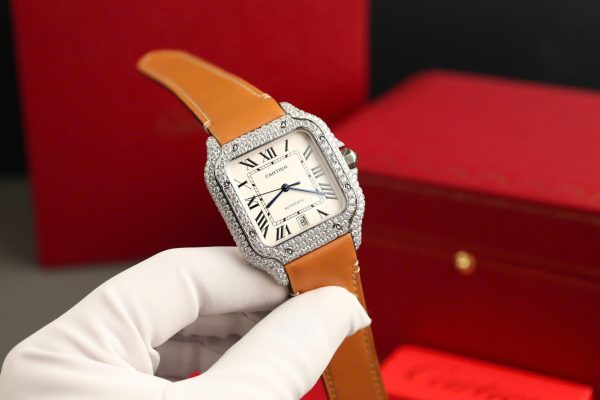 Cartier Santos White Dial Replica Watch Custom Diamonds Moissanite BV Factory 39.8mm - Image 9