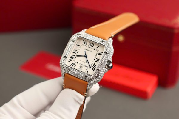 Cartier Santos White Dial Replica Watch Custom Diamonds Moissanite BV Factory 39.8mm - Image 8