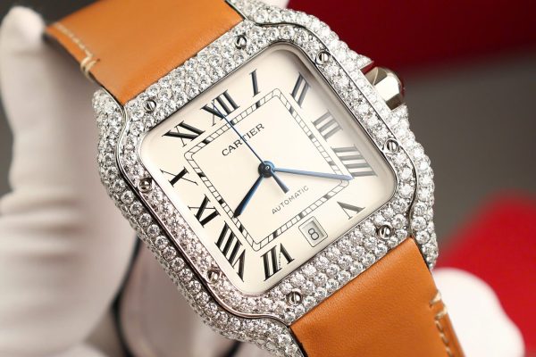 Cartier Santos White Dial Replica Watch Custom Diamonds Moissanite BV Factory 39.8mm - Image 6