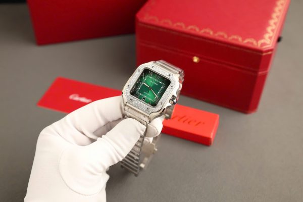 Cartier Santos Green Copies Watch Custom Diamonds Moissanite BV Factory 39.8mm - Image 6