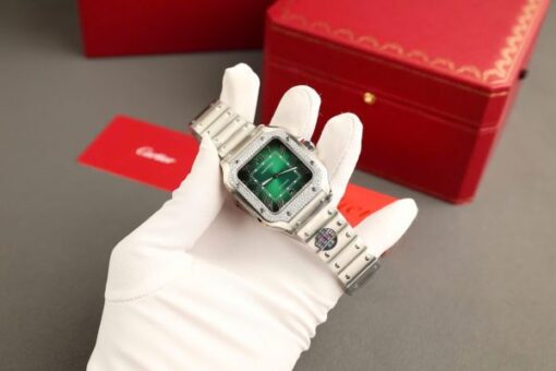 Cartier Santos Green Copies Watch Custom Diamonds Moissanite BV Factory 39.8mm - Image 5