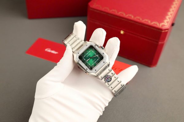 Cartier Santos Green Copies Watch Custom Diamonds Moissanite BV Factory 39.8mm - Image 5