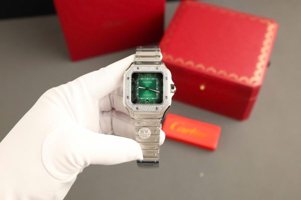 Cartier Santos Green Copies Watch Custom Diamonds Moissanite BV Factory 39.8mm - Image 4
