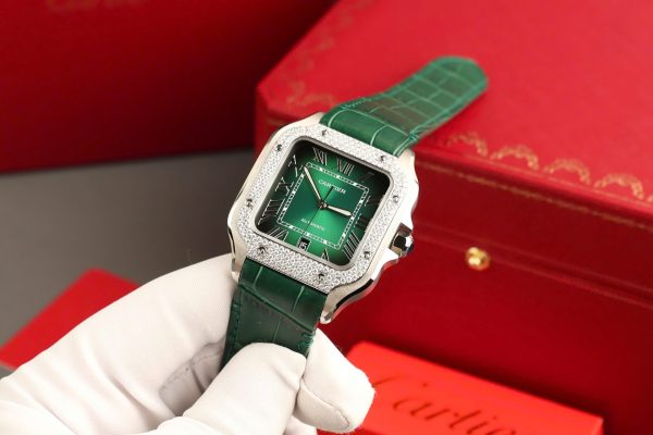 Cartier Santos Green Copies Watch Custom Diamonds Moissanite BV Factory 39.8mm - Image 8
