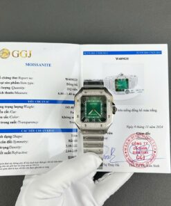 Cartier Santos Green Copies Watch Custom Diamonds Moissanite BV Factory 39.8mm