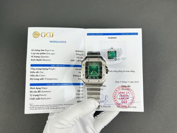 Cartier Santos Green Copies Watch Custom Diamonds Moissanite BV Factory 39.8mm - Image 2