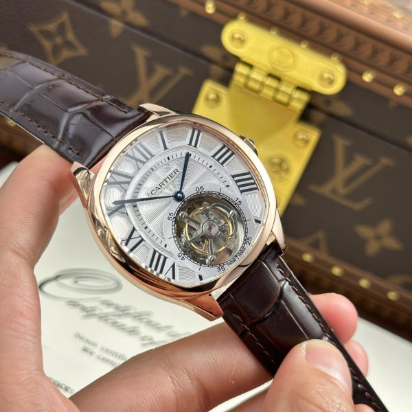 Cartier Drive Tourbillon Replica Watch Dial Guiloche Motif Leather Strap 41mm - Image 4