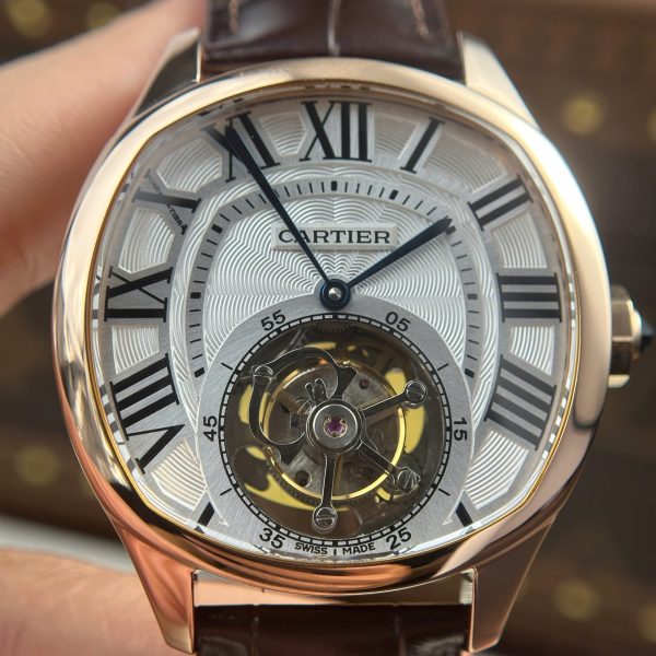 Cartier Drive Tourbillon Replica Watch Dial Guiloche Motif Leather Strap 41mm - Image 5