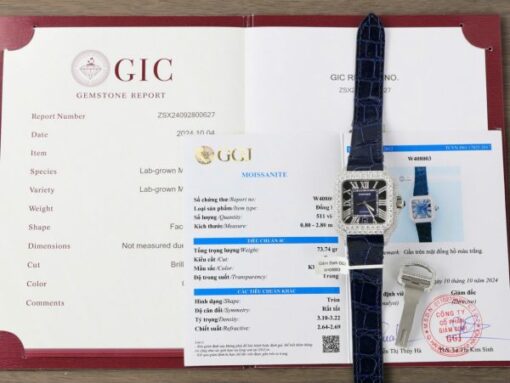 Cartier Santos Best Copies Watch Dial Blue Custom Diamonds Moissanite Hong Kong 39.8mm - Image 2