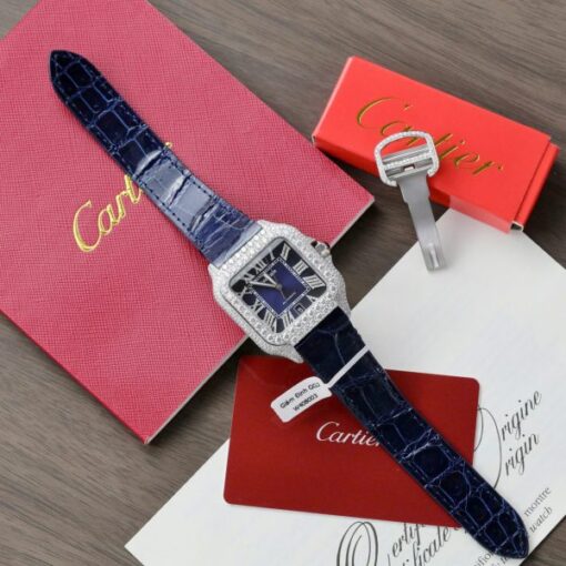 Cartier Santos Best Copies Watch Dial Blue Custom Diamonds Moissanite Hong Kong 39.8mm - Image 3