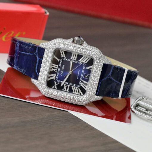Cartier Santos Best Copies Watch Dial Blue Custom Diamonds Moissanite Hong Kong 39.8mm - Image 4